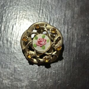 Vintage Brooch Amber Rhinestone Painted Enamel Flower Gold Metal Round